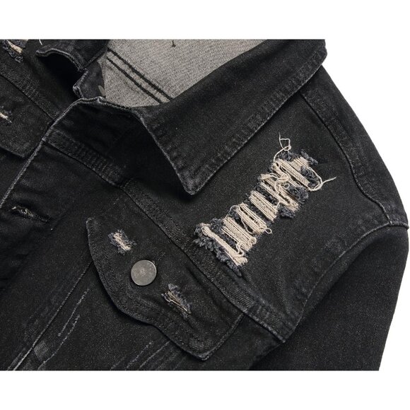 Men's Jean Jacket Distressed Slim Denim Jacket Long Sleeve Button Down Black7013 - Picture 4 of 9